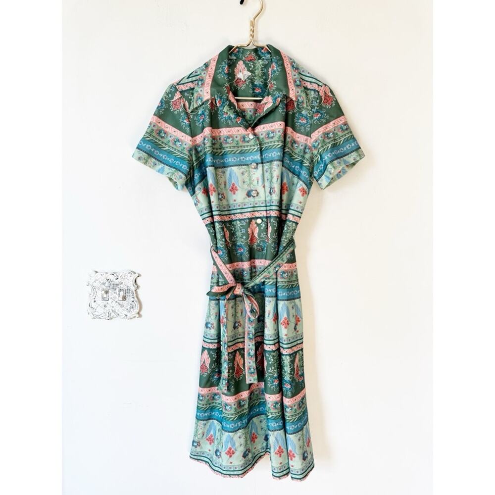 Vintage 70s Lorac Original Lady Carol Floral Paisley Tie Waist Dress L